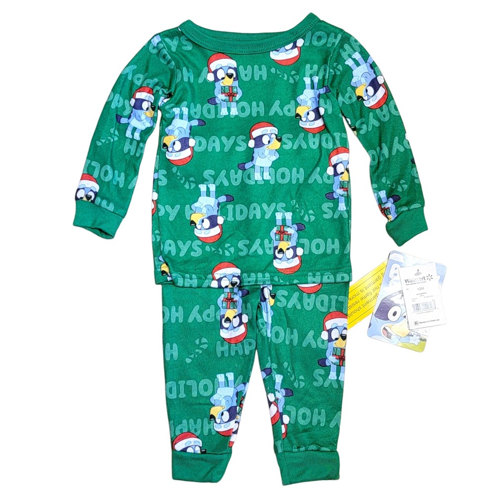 Bluey‎ Christmas Pajamas Boys Sz 12M Green 2 Pc Long Sleeve Knit Holiday Festive